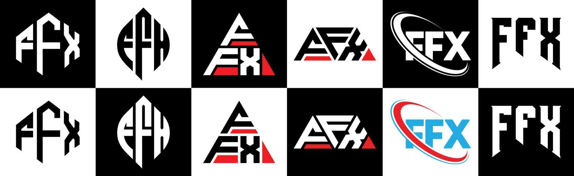 ffx-Buchstaben-Logo-Design in sechs Stilen. ffx Polygon, Kreis, Dreieck, Sechseck, flacher und einfacher Stil mit schwarz-weißem Buchstabenlogo in einer Zeichenfläche. ffx minimalistisches und klassisches Logo vektor