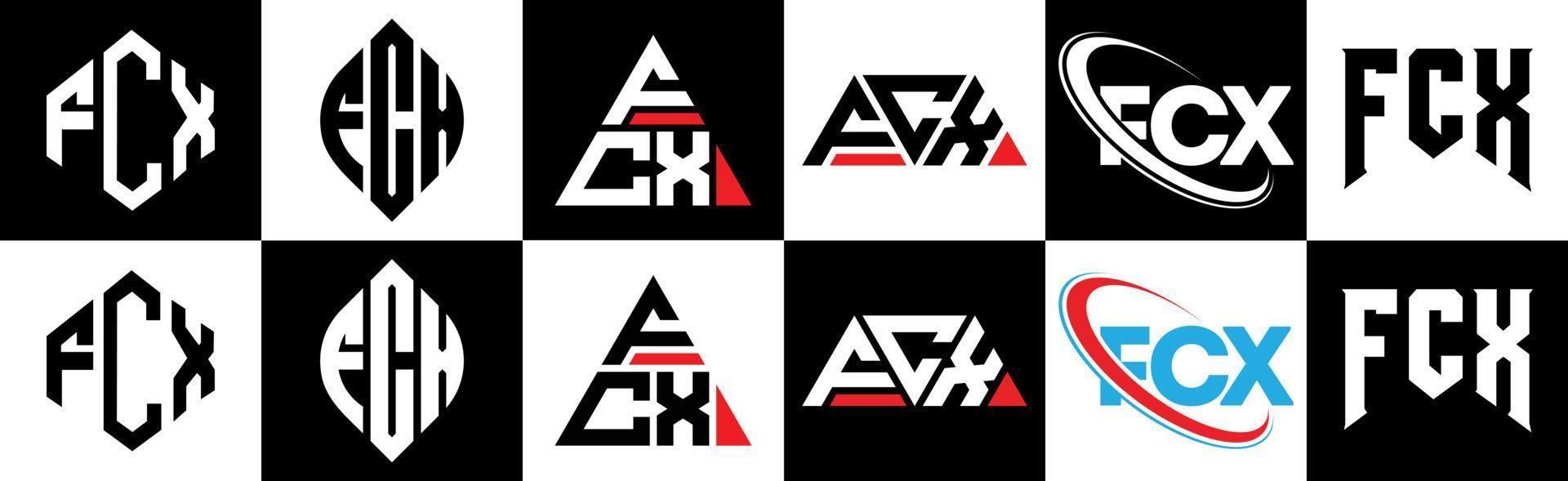 FCX-Brief-Logo-Design in sechs Stilen. fcx polygon, kreis, dreieck, hexagon, flacher und einfacher stil mit schwarz-weißem buchstabenlogo in einer zeichenfläche. fcx minimalistisches und klassisches Logo vektor