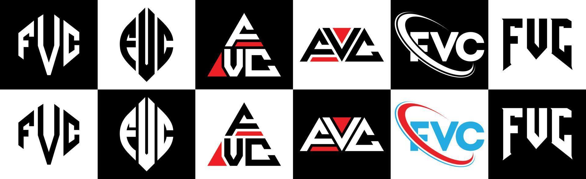 fvc-Buchstaben-Logo-Design in sechs Stilen. fvc polygon, kreis, dreieck, sechseck, flacher und einfacher stil mit schwarz-weißem buchstabenlogo in einer zeichenfläche. fvc minimalistisches und klassisches logo vektor