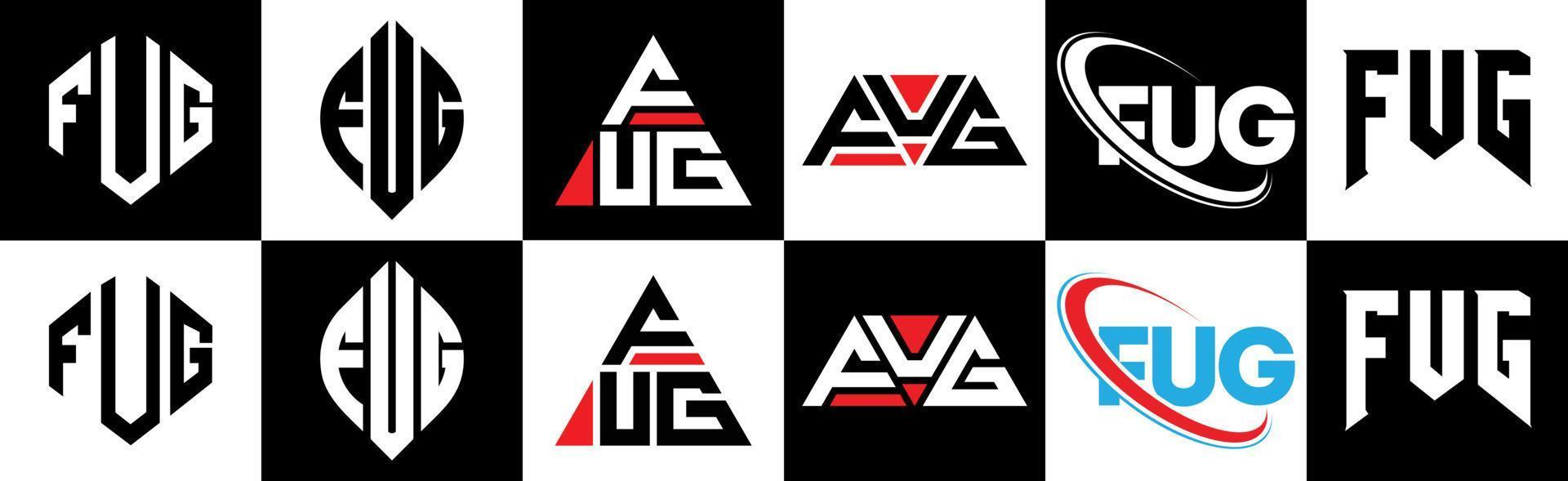 fug-brief-logo-design in sechs stilen. fug polygon, kreis, dreieck, hexagon, flacher und einfacher stil mit schwarz-weißem farbvariationsbuchstabenlogo in einer zeichenfläche. fug minimalistisches und klassisches logo vektor