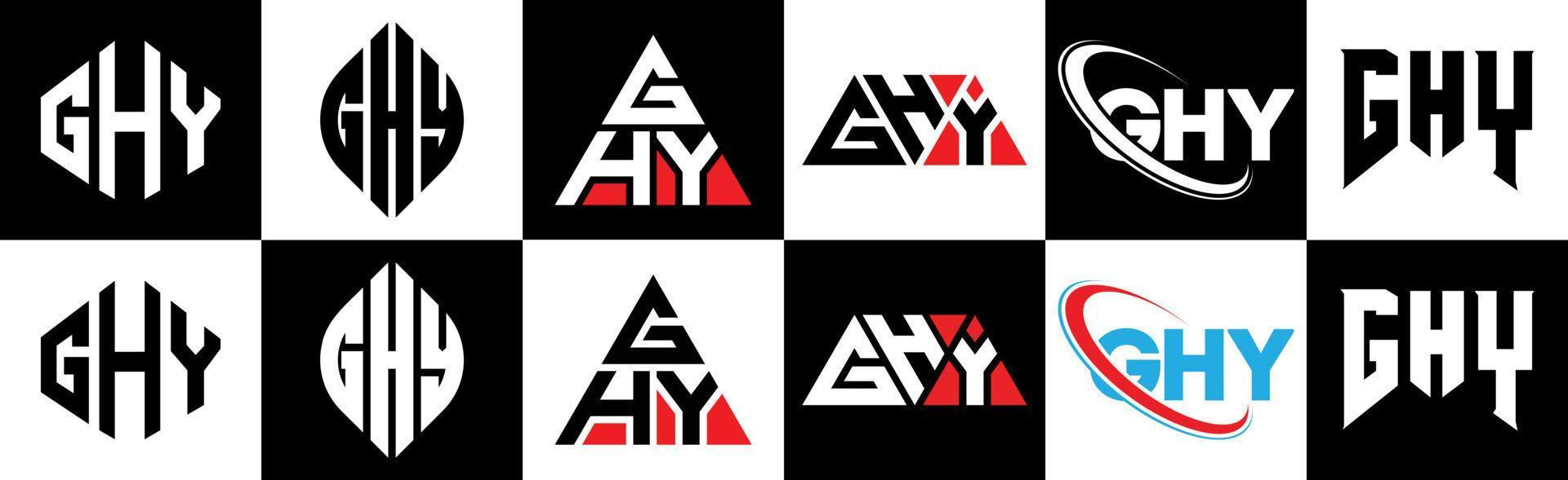 ghy brev logotyp design i sex stil. ghy polygon, cirkel, triangel, sexhörning, platt och enkel stil med svart och vit Färg variation brev logotyp uppsättning i ett rittavla. ghy minimalistisk och klassisk logotyp vektor