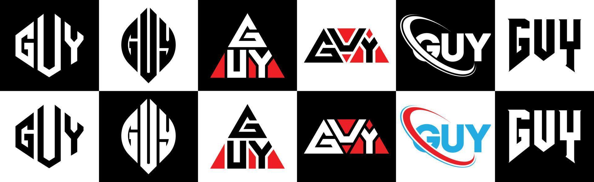 Typ-Buchstaben-Logo-Design in sechs Stilen. Guy Polygon, Kreis, Dreieck, Sechseck, flacher und einfacher Stil mit schwarz-weißem Buchstabenlogo in einer Zeichenfläche. Kerl minimalistisches und klassisches Logo vektor