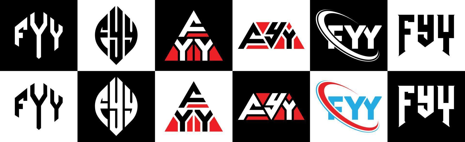 fyy brev logotyp design i sex stil. fyy polygon, cirkel, triangel, sexhörning, platt och enkel stil med svart och vit Färg variation brev logotyp uppsättning i ett rittavla. fyy minimalistisk och klassisk logotyp vektor