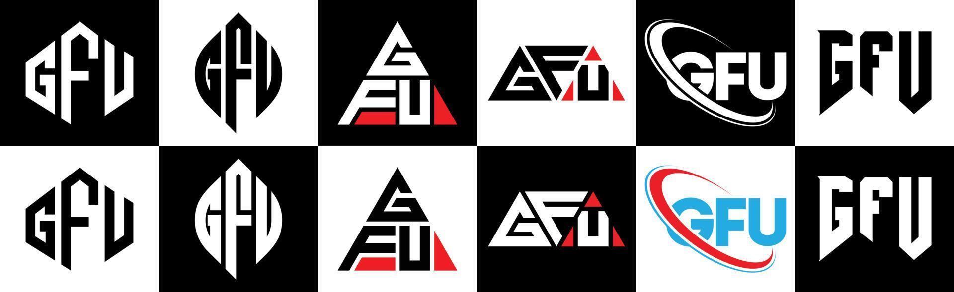 gfu-Buchstaben-Logo-Design in sechs Stilen. gfu polygon, kreis, dreieck, sechseck, flacher und einfacher stil mit schwarz-weißem buchstabenlogo in einer zeichenfläche. gfu minimalistisches und klassisches Logo vektor