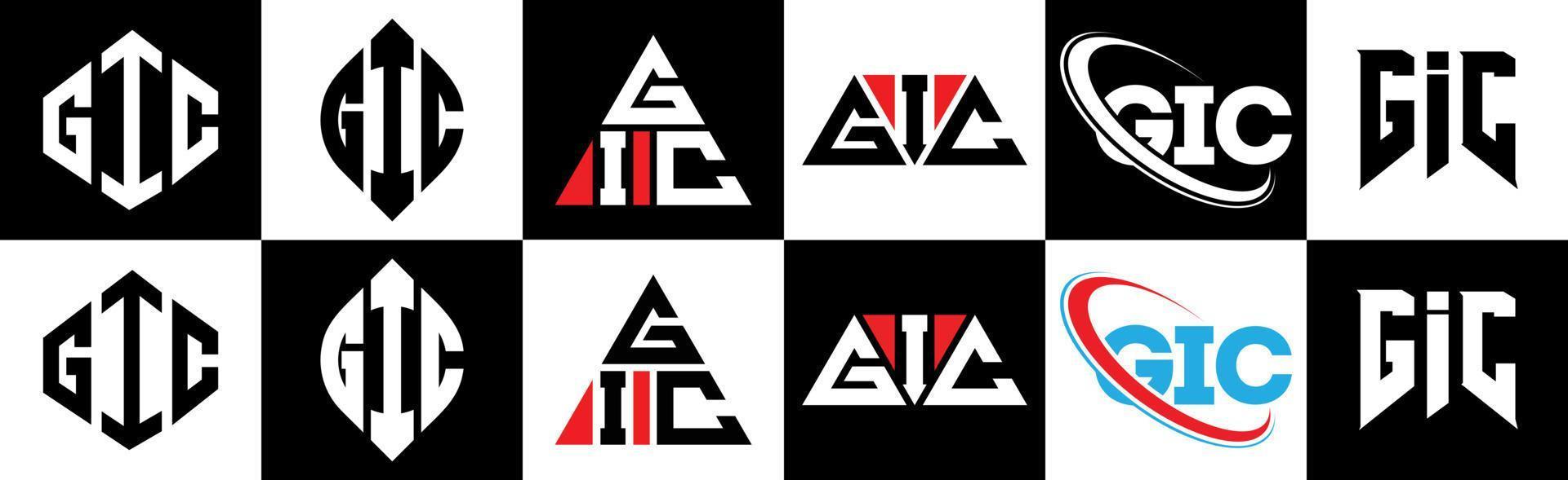 gic brev logotyp design i sex stil. gic polygon, cirkel, triangel, sexhörning, platt och enkel stil med svart och vit Färg variation brev logotyp uppsättning i ett rittavla. gic minimalistisk och klassisk logotyp vektor