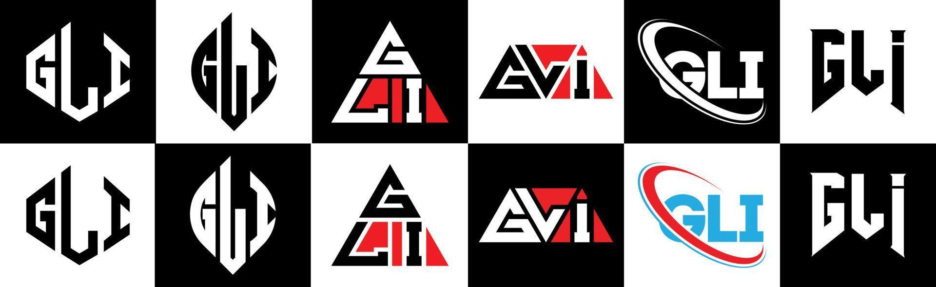 gli brev logotyp design i sex stil. gli polygon, cirkel, triangel, sexhörning, platt och enkel stil med svart och vit Färg variation brev logotyp uppsättning i ett rittavla. gli minimalistisk och klassisk logotyp vektor