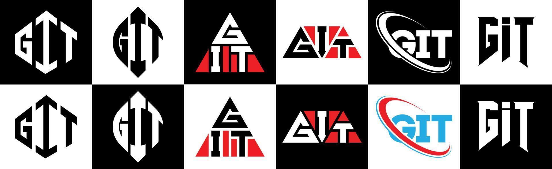 Git-Buchstaben-Logo-Design in sechs Stilen. git polygon, kreis, dreieck, sechseck, flacher und einfacher stil mit schwarz-weißem buchstabenlogo in einer zeichenfläche. Git minimalistisches und klassisches Logo vektor