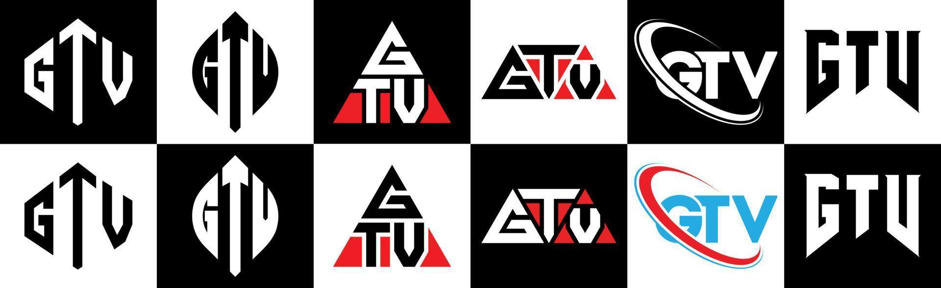 gtv-Buchstaben-Logo-Design in sechs Stilen. gtv polygon, kreis, dreieck, sechseck, flach und einfacher stil mit schwarz-weißem buchstabenlogo in einer zeichenfläche. gtv minimalistisches und klassisches logo vektor