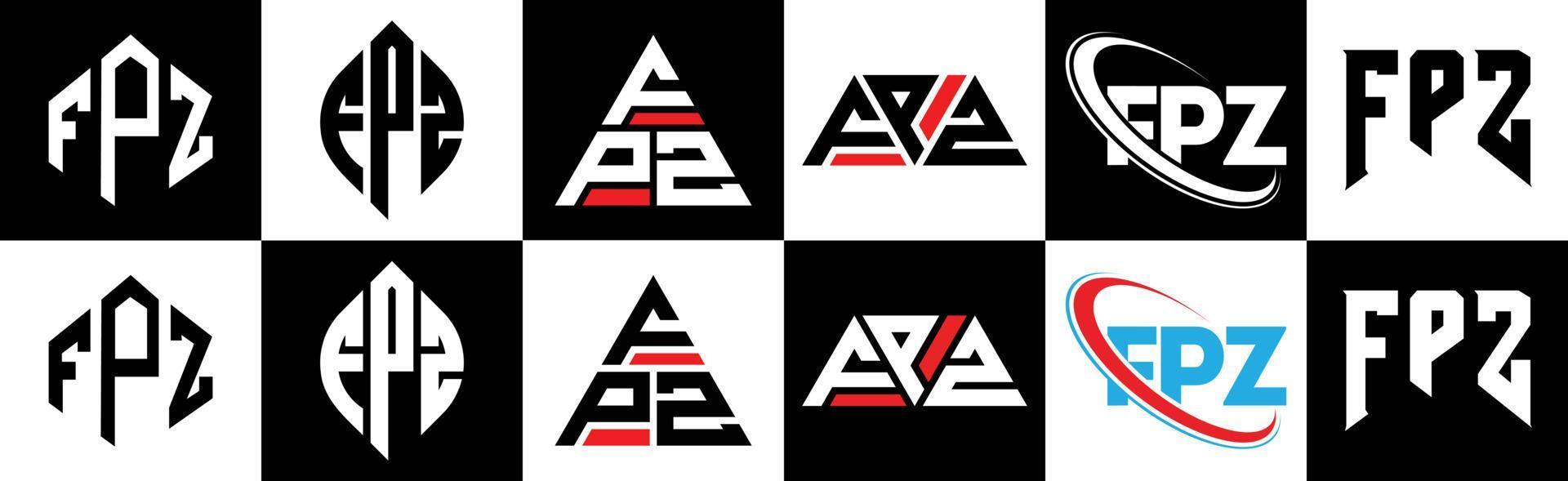 fpz brev logotyp design i sex stil. fpz polygon, cirkel, triangel, sexhörning, platt och enkel stil med svart och vit Färg variation brev logotyp uppsättning i ett rittavla. fpz minimalistisk och klassisk logotyp vektor