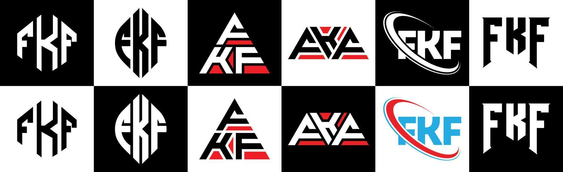 fkf-Buchstaben-Logo-Design in sechs Stilen. fkf polygon, kreis, dreieck, sechseck, flacher und einfacher stil mit schwarz-weißem buchstabenlogo in einer zeichenfläche. fkf minimalistisches und klassisches Logo vektor