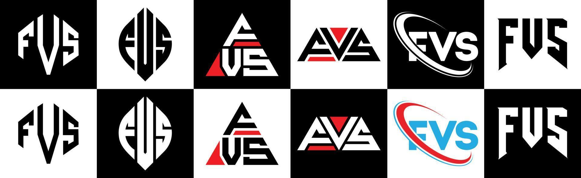 fvs brev logotyp design i sex stil. fvs polygon, cirkel, triangel, sexhörning, platt och enkel stil med svart och vit Färg variation brev logotyp uppsättning i ett rittavla. fvs minimalistisk och klassisk logotyp vektor