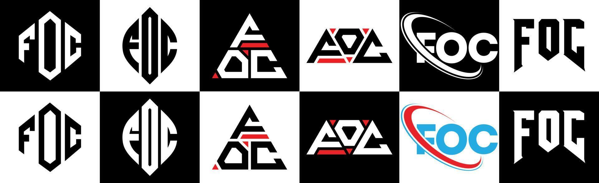 foc-Buchstaben-Logo-Design in sechs Stilen. foc polygon, kreis, dreieck, sechseck, flacher und einfacher stil mit schwarz-weißem buchstabenlogo in einer zeichenfläche. foc minimalistisches und klassisches Logo vektor