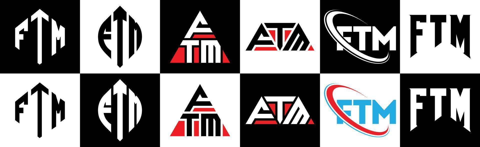 ftm brev logotyp design i sex stil. ftm polygon, cirkel, triangel, sexhörning, platt och enkel stil med svart och vit Färg variation brev logotyp uppsättning i ett rittavla. ftm minimalistisk och klassisk logotyp vektor