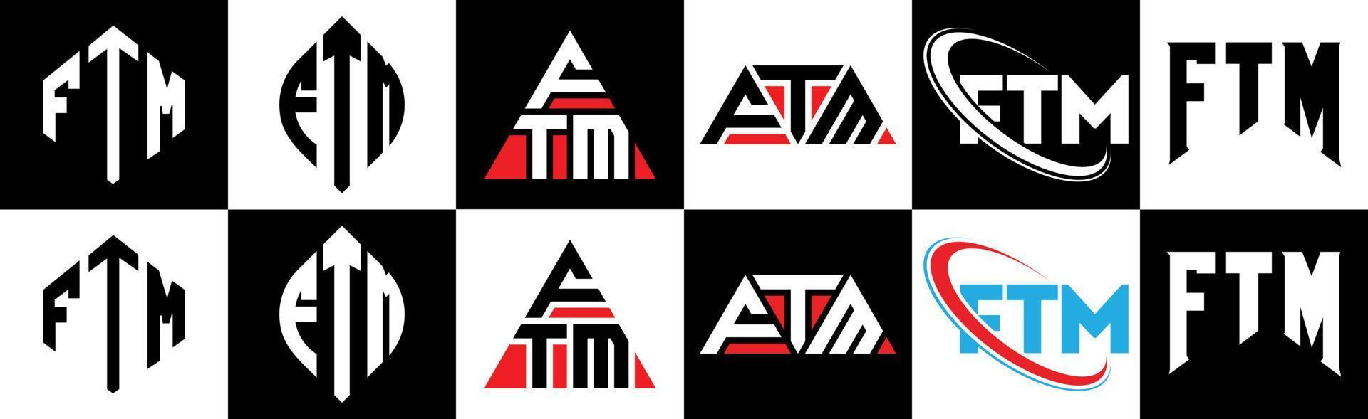 ftm-Brief-Logo-Design in sechs Stilen. ftm Polygon, Kreis, Dreieck, Sechseck, flacher und einfacher Stil mit schwarz-weißem Buchstabenlogo in einer Zeichenfläche. ftm minimalistisches und klassisches Logo vektor