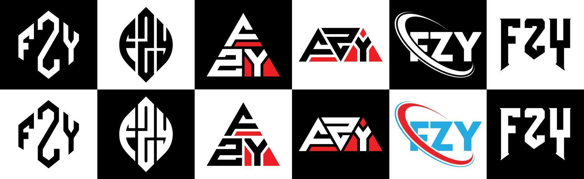 fzy-Buchstaben-Logo-Design in sechs Stilen. fzy polygon, kreis, dreieck, sechseck, flacher und einfacher stil mit schwarz-weißem buchstabenlogo in einer zeichenfläche. Fzy minimalistisches und klassisches Logo vektor