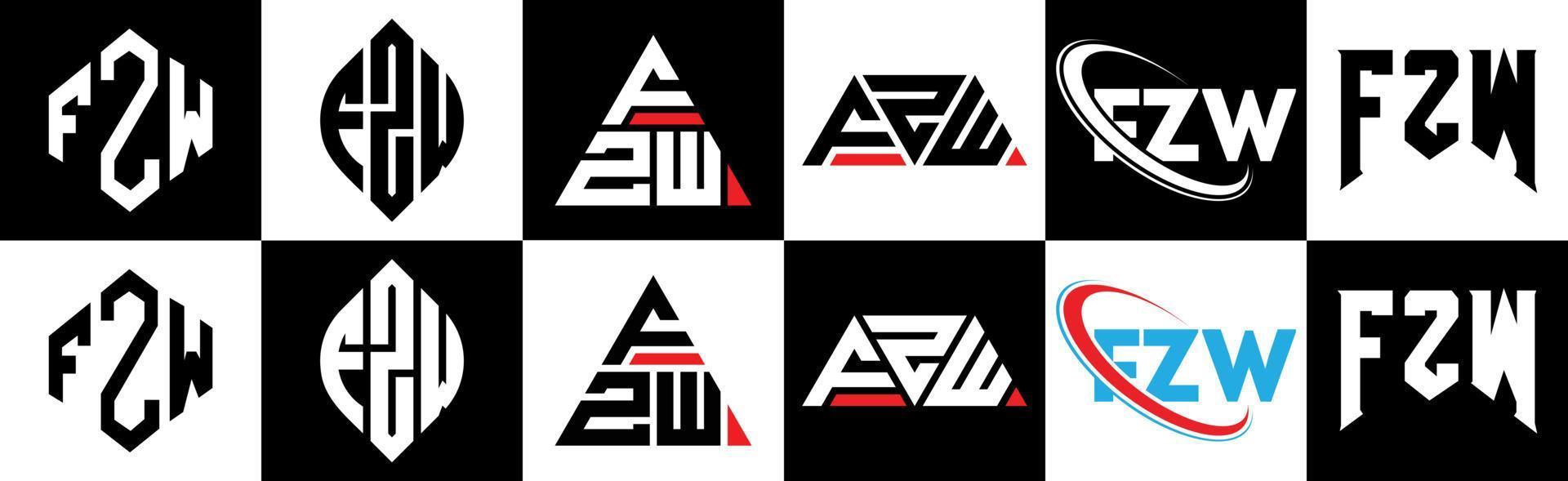 fzw-Buchstaben-Logo-Design in sechs Stilen. fzw Polygon, Kreis, Dreieck, Sechseck, flacher und einfacher Stil mit schwarz-weißem Buchstabenlogo in einer Zeichenfläche. fzw minimalistisches und klassisches Logo vektor