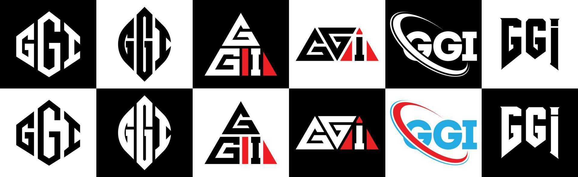 GGI-Brief-Logo-Design in sechs Stilen. ggi polygon, kreis, dreieck, sechseck, flacher und einfacher stil mit schwarz-weißem buchstabenlogo in einer zeichenfläche. ggi minimalistisches und klassisches logo vektor