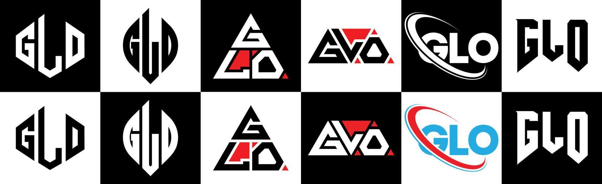 glo brev logotyp design i sex stil. glo polygon, cirkel, triangel, sexhörning, platt och enkel stil med svart och vit Färg variation brev logotyp uppsättning i ett rittavla. glo minimalistisk och klassisk logotyp vektor