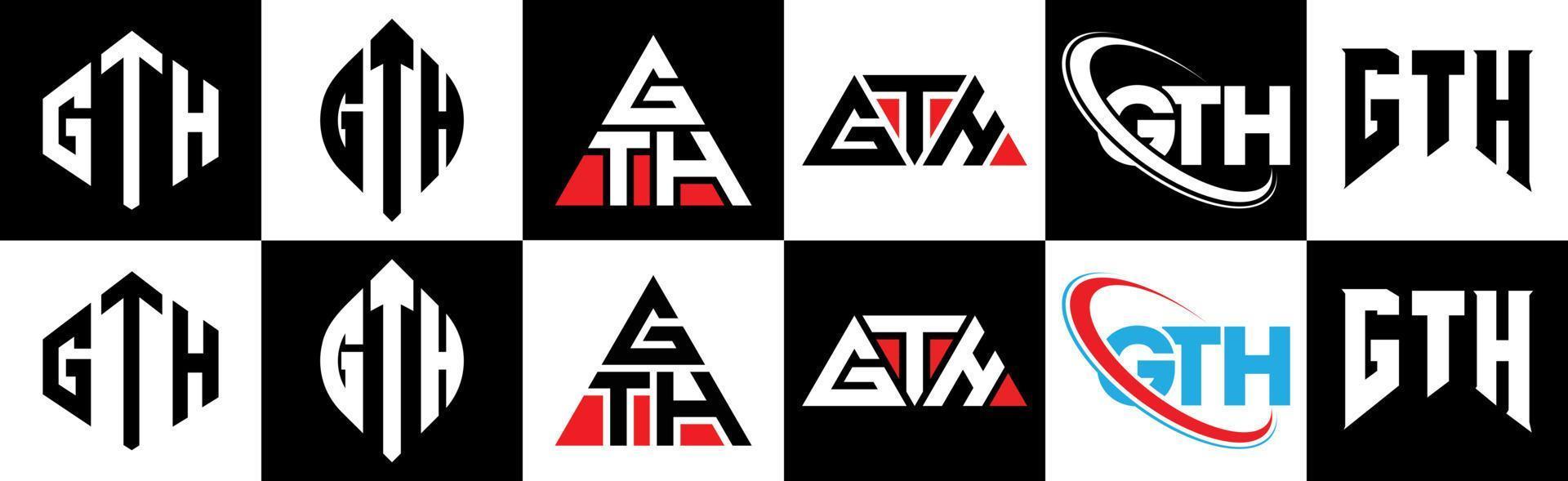 gth-Buchstaben-Logo-Design in sechs Stilen. Gth Polygon, Kreis, Dreieck, Sechseck, flacher und einfacher Stil mit schwarz-weißem Buchstabenlogo in einer Zeichenfläche. gth minimalistisches und klassisches Logo vektor