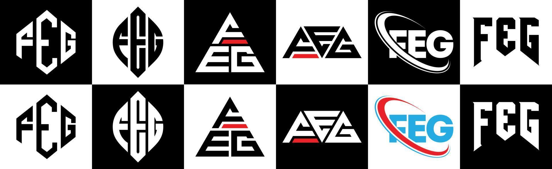 feg brev logotyp design i sex stil. feg polygon, cirkel, triangel, sexhörning, platt och enkel stil med svart och vit Färg variation brev logotyp uppsättning i ett rittavla. feg minimalistisk och klassisk logotyp vektor