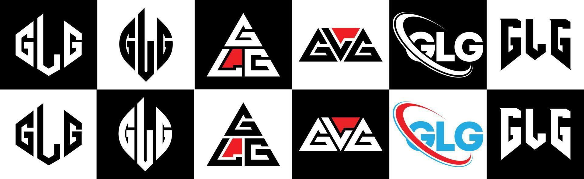 glg brev logotyp design i sex stil. glg polygon, cirkel, triangel, sexhörning, platt och enkel stil med svart och vit Färg variation brev logotyp uppsättning i ett rittavla. glg minimalistisk och klassisk logotyp vektor