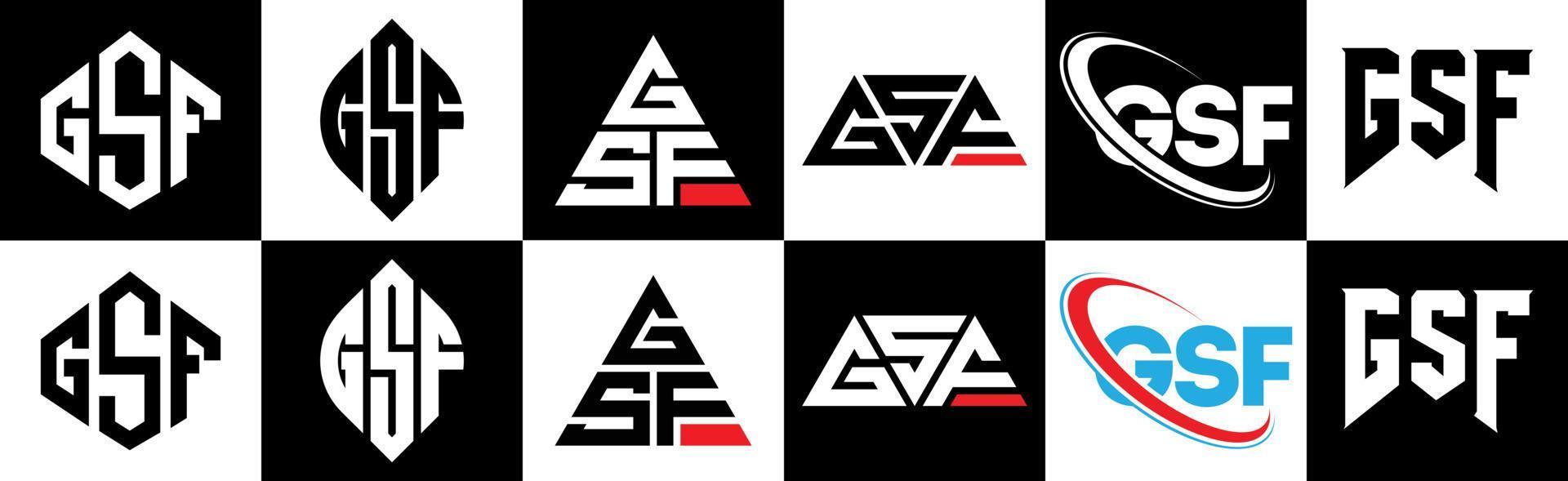 gsf brev logotyp design i sex stil. gsf polygon, cirkel, triangel, sexhörning, platt och enkel stil med svart och vit Färg variation brev logotyp uppsättning i ett rittavla. gsf minimalistisk och klassisk logotyp vektor