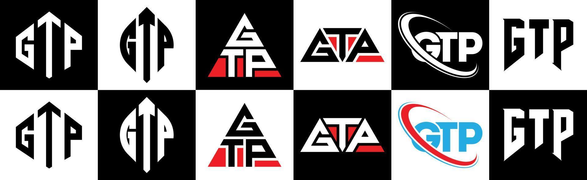 gtp brev logotyp design i sex stil. gtp polygon, cirkel, triangel, sexhörning, platt och enkel stil med svart och vit Färg variation brev logotyp uppsättning i ett rittavla. gtp minimalistisk och klassisk logotyp vektor