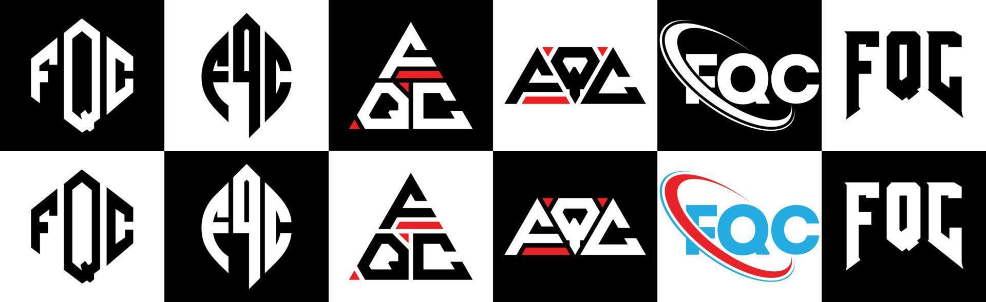 fqc-Buchstaben-Logo-Design in sechs Stilen. fqc polygon, kreis, dreieck, sechseck, flacher und einfacher stil mit schwarz-weißem buchstabenlogo in einer zeichenfläche. fqc minimalistisches und klassisches Logo vektor