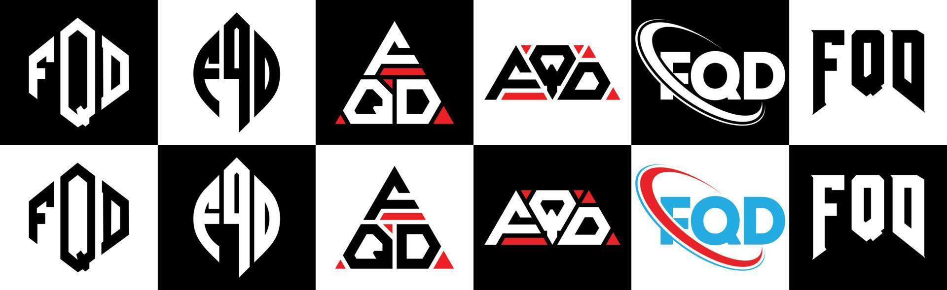 fqd brev logotyp design i sex stil. fqd polygon, cirkel, triangel, sexhörning, platt och enkel stil med svart och vit Färg variation brev logotyp uppsättning i ett rittavla. fqd minimalistisk och klassisk logotyp vektor