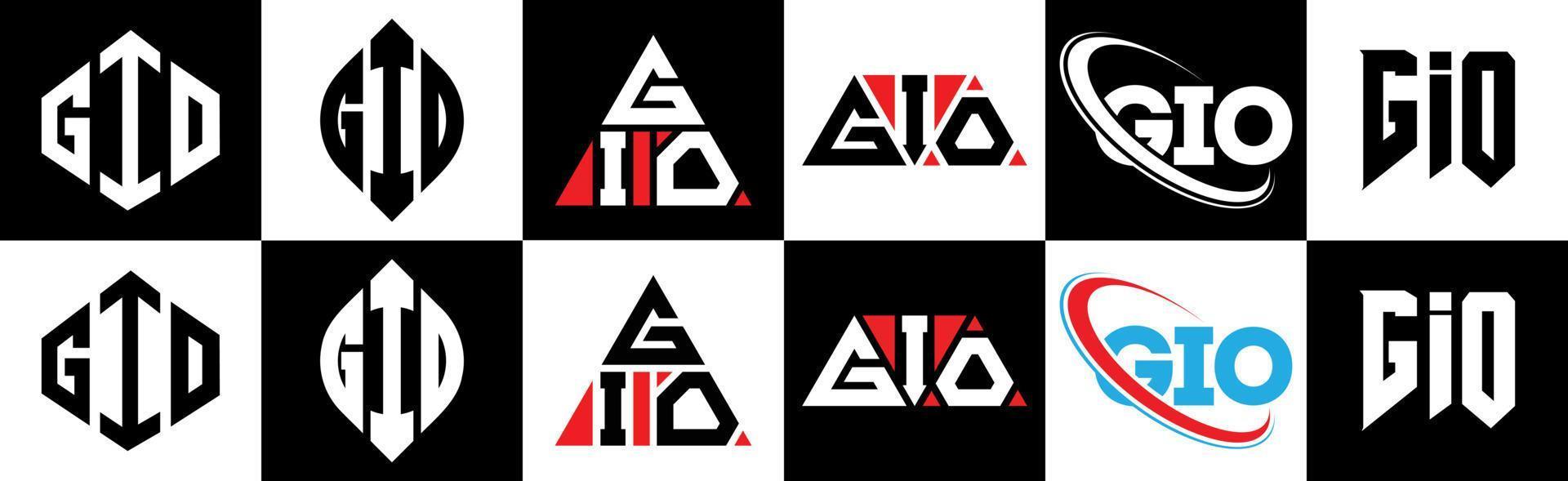 Gio-Brief-Logo-Design in sechs Stilen. Gio-Polygon, Kreis, Dreieck, Sechseck, flacher und einfacher Stil mit schwarz-weißem Buchstabenlogo in einer Zeichenfläche. gio minimalistisches und klassisches logo vektor