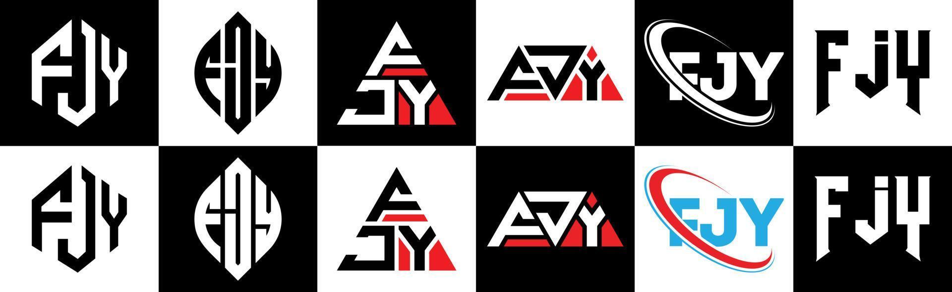 fjy brev logotyp design i sex stil. fjy polygon, cirkel, triangel, sexhörning, platt och enkel stil med svart och vit Färg variation brev logotyp uppsättning i ett rittavla. fjy minimalistisk och klassisk logotyp vektor