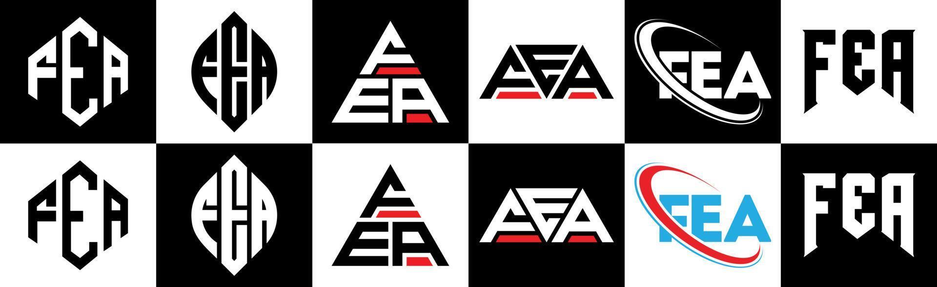 fea brev logotyp design i sex stil. fea polygon, cirkel, triangel, sexhörning, platt och enkel stil med svart och vit Färg variation brev logotyp uppsättning i ett rittavla. fea minimalistisk och klassisk logotyp vektor