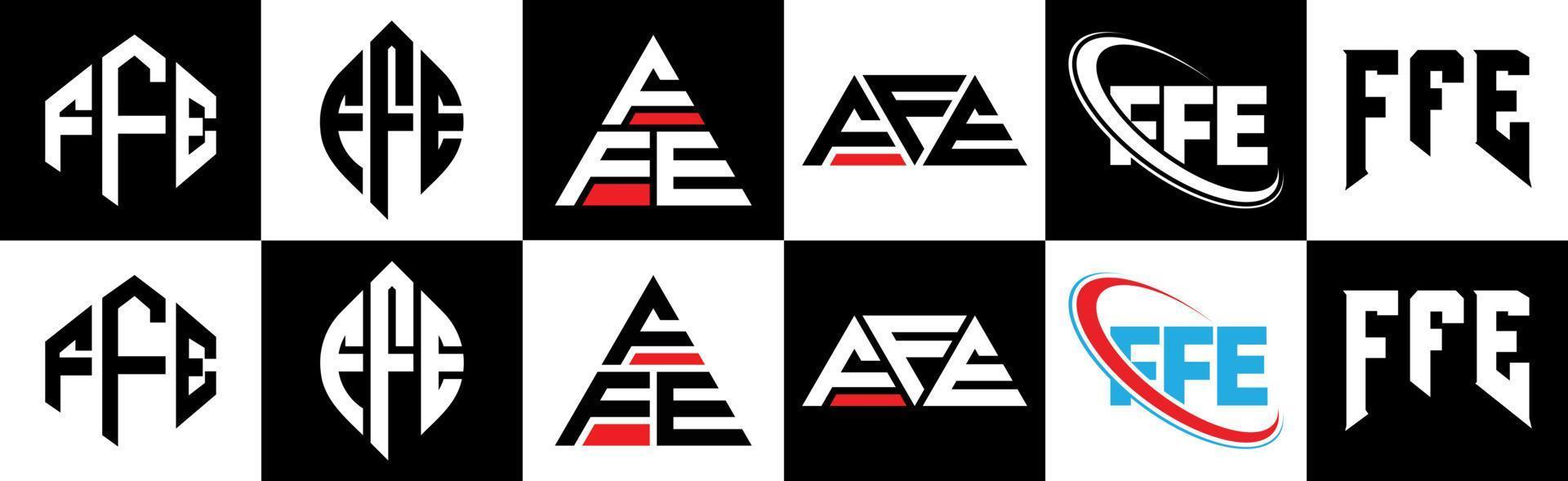 ffe brev logotyp design i sex stil. ffe polygon, cirkel, triangel, sexhörning, platt och enkel stil med svart och vit Färg variation brev logotyp uppsättning i ett rittavla. ffe minimalistisk och klassisk logotyp vektor