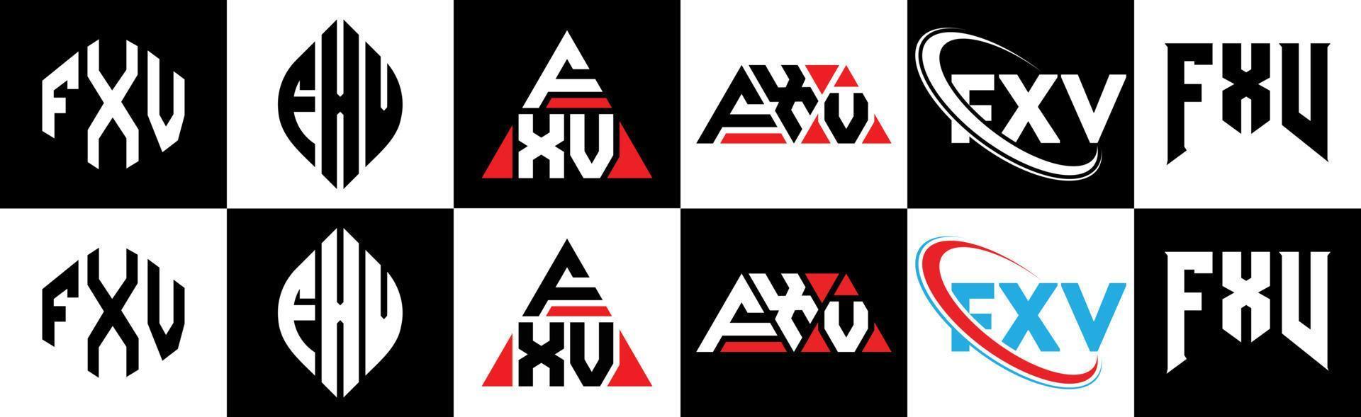 fxv brev logotyp design i sex stil. fxv polygon, cirkel, triangel, sexhörning, platt och enkel stil med svart och vit Färg variation brev logotyp uppsättning i ett rittavla. fxv minimalistisk och klassisk logotyp vektor