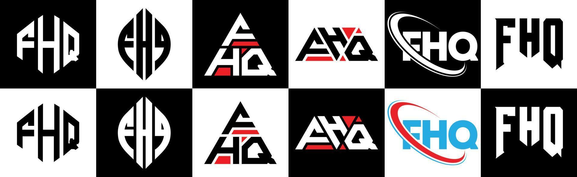 fhq brev logotyp design i sex stil. fhq polygon, cirkel, triangel, sexhörning, platt och enkel stil med svart och vit Färg variation brev logotyp uppsättning i ett rittavla. fhq minimalistisk och klassisk logotyp vektor