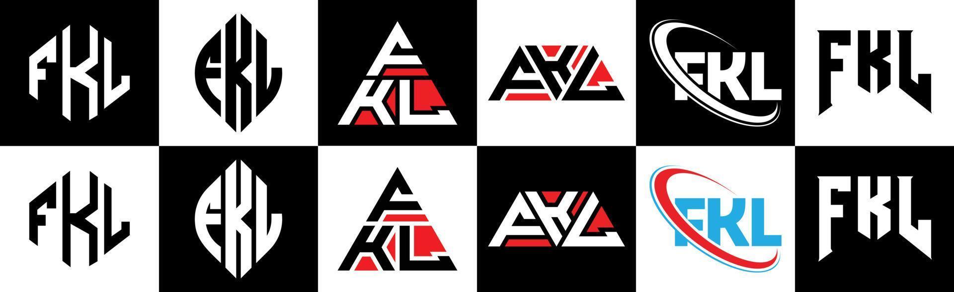 fkl-Buchstaben-Logo-Design in sechs Stilen. fkl Polygon, Kreis, Dreieck, Sechseck, flacher und einfacher Stil mit schwarz-weißem Buchstabenlogo in einer Zeichenfläche. fkl minimalistisches und klassisches Logo vektor