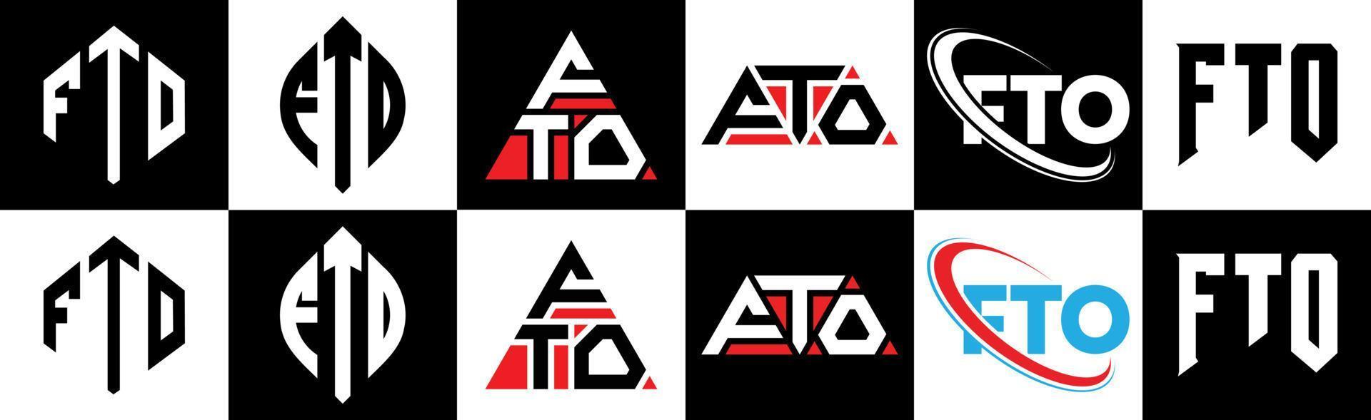 fto-Buchstaben-Logo-Design in sechs Stilen. fto Polygon, Kreis, Dreieck, Sechseck, flacher und einfacher Stil mit schwarz-weißem Buchstabenlogo in einer Zeichenfläche. fto minimalistisches und klassisches Logo vektor