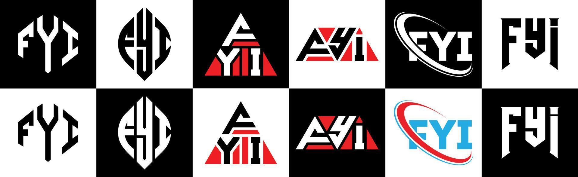 fyi brev logotyp design i sex stil. fyi polygon, cirkel, triangel, sexhörning, platt och enkel stil med svart och vit Färg variation brev logotyp uppsättning i ett rittavla. fyi minimalistisk och klassisk logotyp vektor