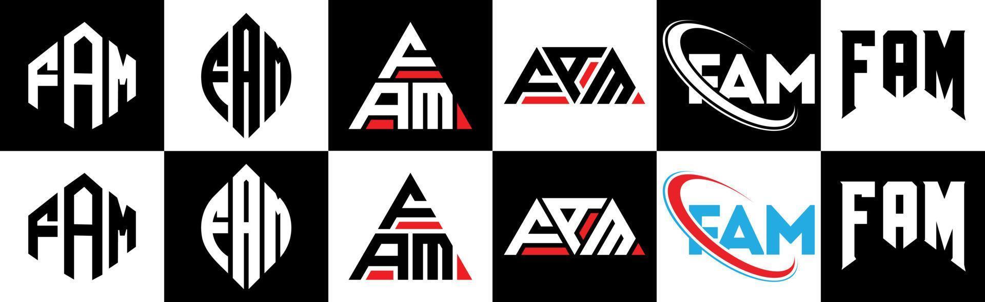 Fam-Brief-Logo-Design in sechs Stilen. fam polygon, kreis, dreieck, sechseck, flacher und einfacher stil mit schwarz-weißem buchstabenlogo in einer zeichenfläche. Fam minimalistisches und klassisches Logo vektor