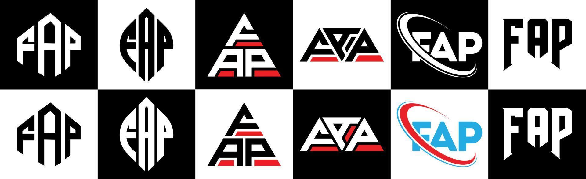 FAP-Brief-Logo-Design in sechs Stilen. fap polygon, kreis, dreieck, sechseck, flacher und einfacher stil mit schwarz-weißem buchstabenlogo in einer zeichenfläche. fap minimalistisches und klassisches logo vektor