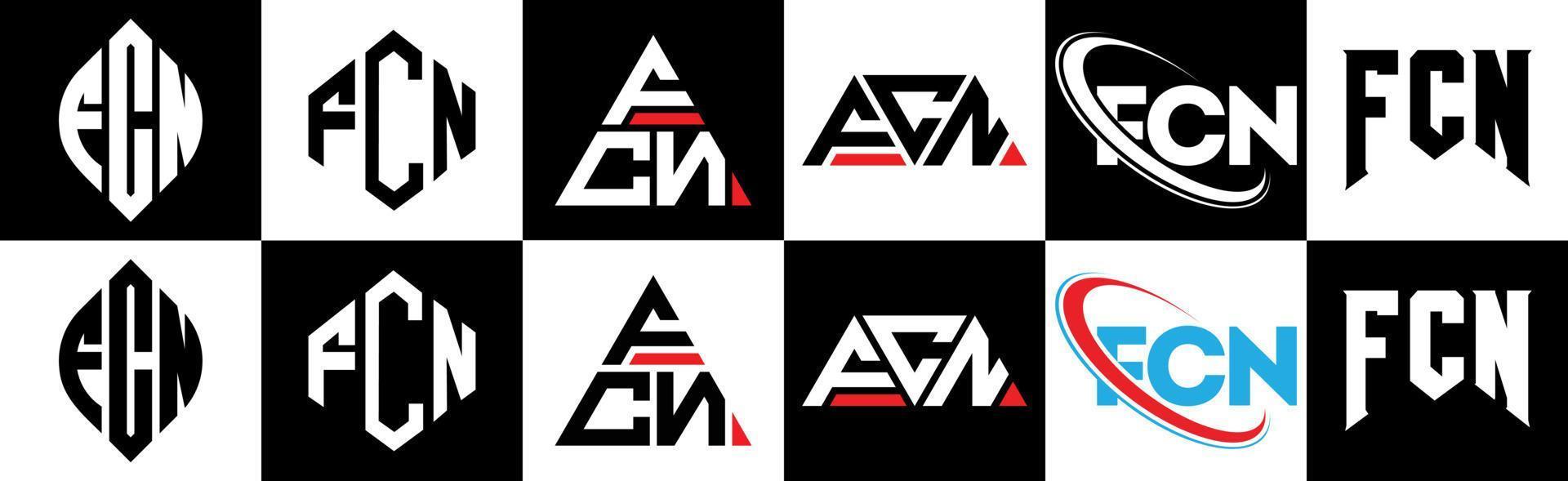 fcn brev logotyp design i sex stil. fcn polygon, cirkel, triangel, sexhörning, platt och enkel stil med svart och vit Färg variation brev logotyp uppsättning i ett rittavla. fcn minimalistisk och klassisk logotyp vektor