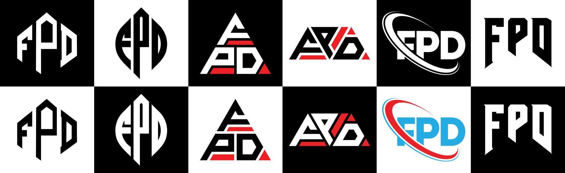 fpd brev logotyp design i sex stil. fpd polygon, cirkel, triangel, sexhörning, platt och enkel stil med svart och vit Färg variation brev logotyp uppsättning i ett rittavla. fpd minimalistisk och klassisk logotyp vektor