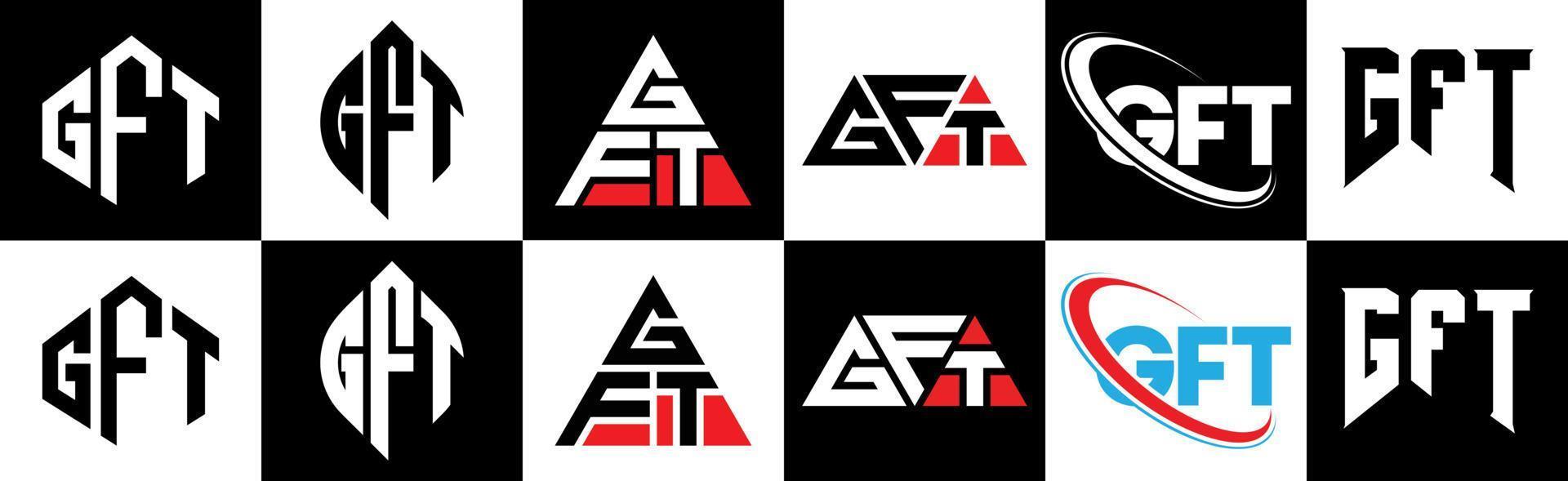 GFT-Brief-Logo-Design in sechs Stilen. GFT-Polygon, Kreis, Dreieck, Sechseck, flacher und einfacher Stil mit schwarz-weißem Buchstabenlogo in einer Zeichenfläche. GFT minimalistisches und klassisches Logo vektor