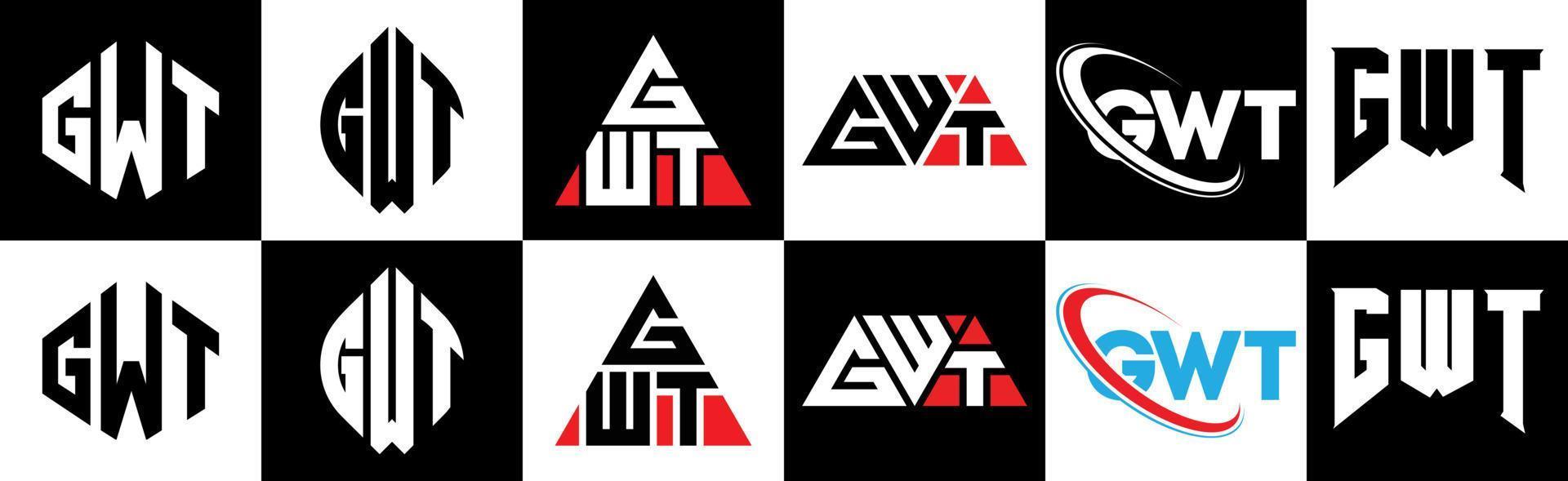 gwt-Buchstaben-Logo-Design in sechs Stilen. gwt polygon, kreis, dreieck, hexagon, flacher und einfacher stil mit schwarz-weißem buchstabenlogo in einer zeichenfläche. gwt minimalistisches und klassisches Logo vektor