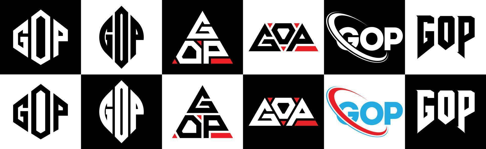 gop brev logotyp design i sex stil. gop polygon, cirkel, triangel, sexhörning, platt och enkel stil med svart och vit Färg variation brev logotyp uppsättning i ett rittavla. gop minimalistisk och klassisk logotyp vektor