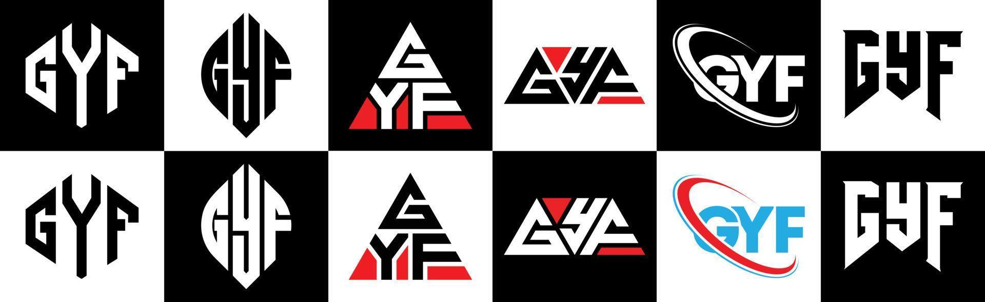 gyf brev logotyp design i sex stil. gyf polygon, cirkel, triangel, sexhörning, platt och enkel stil med svart och vit Färg variation brev logotyp uppsättning i ett rittavla. gyf minimalistisk och klassisk logotyp vektor