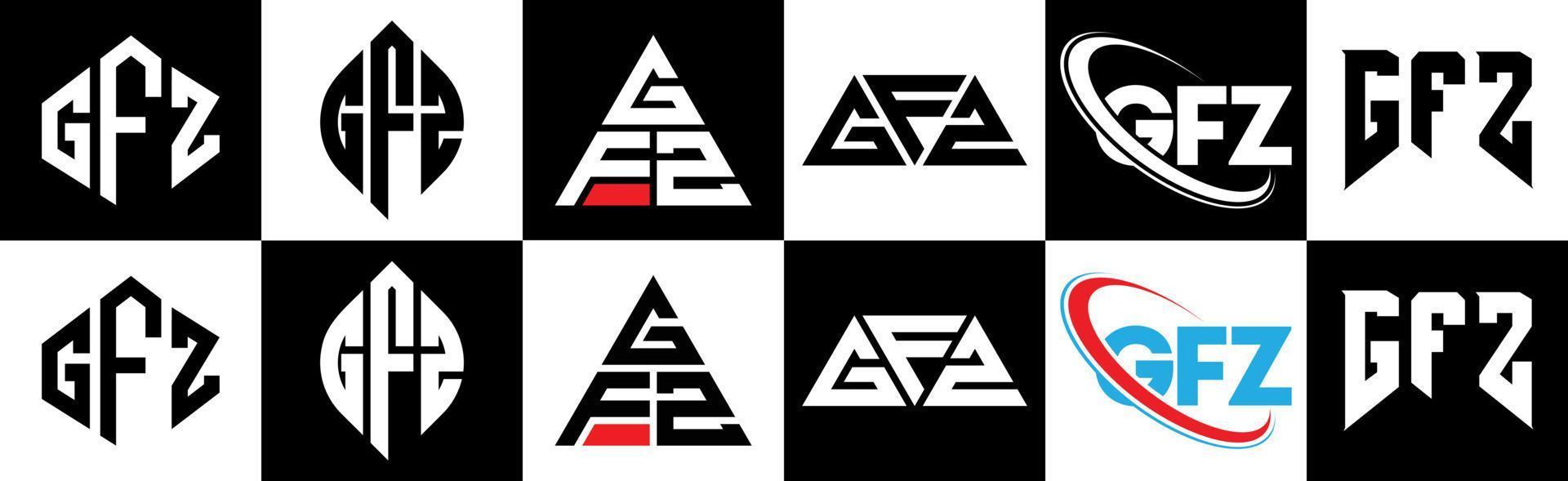 gfz-Buchstaben-Logo-Design in sechs Stilen. gfz polygon, kreis, dreieck, sechseck, flacher und einfacher stil mit schwarz-weißem buchstabenlogo in einer zeichenfläche. gfz minimalistisches und klassisches logo vektor