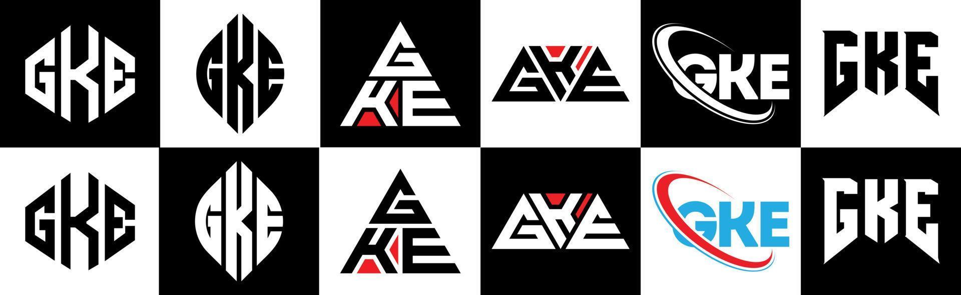 gke-Buchstaben-Logo-Design in sechs Stilen. gke polygon, kreis, dreieck, sechseck, flacher und einfacher stil mit schwarz-weißem buchstabenlogo in einer zeichenfläche. gke minimalistisches und klassisches Logo vektor