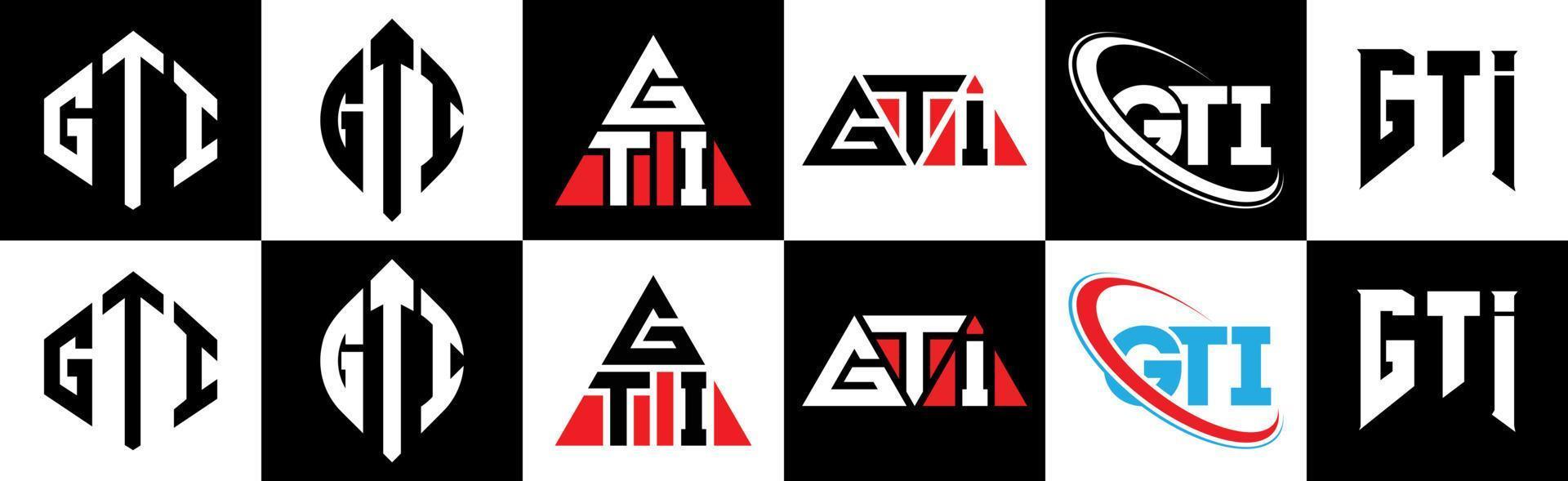 Gti-Brief-Logo-Design in sechs Stilen. gti polygon, kreis, dreieck, sechseck, flacher und einfacher stil mit schwarz-weißem buchstabenlogo in einer zeichenfläche. gti minimalistisches und klassisches logo vektor