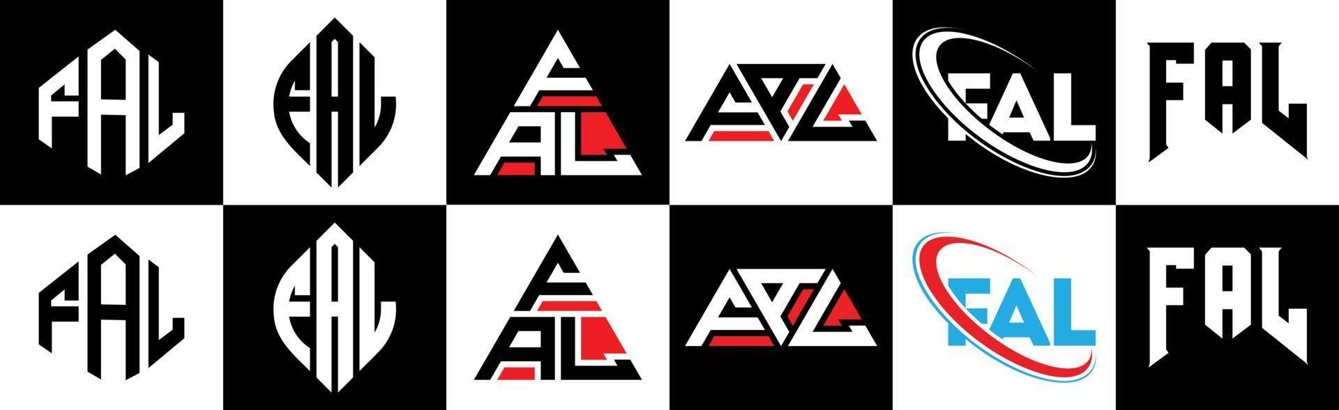 fal-Buchstaben-Logo-Design in sechs Stilen. fal polygon, kreis, dreieck, sechseck, flacher und einfacher stil mit schwarz-weißem buchstabenlogo in einer zeichenfläche. fal minimalistisches und klassisches Logo vektor